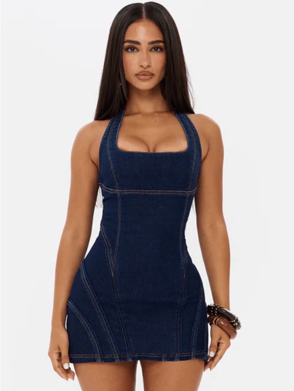 Dark Blue Denim Halter Mini Dress
